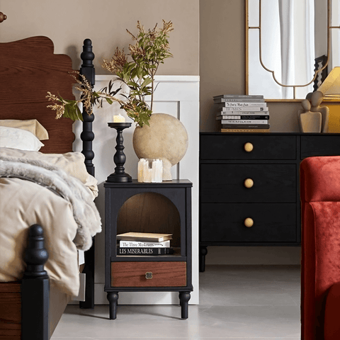 23″ Solid Wood Top Rustic Nightstand - Black with Storage and Drawers