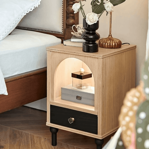23″ Solid Wood Top Rustic Nightstand - Black with Storage and Drawers