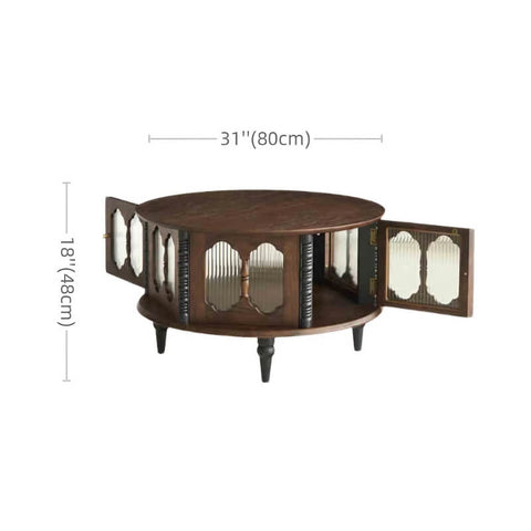 24″ AshWood Round Coffee Table - 4 Legs, Storage, Walnut Color