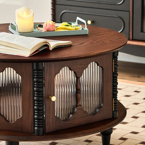 24″ AshWood Round Coffee Table - 4 Legs, Storage, Walnut Color