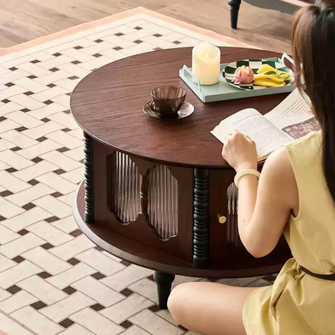24″ AshWood Round Coffee Table - 4 Legs, Storage, Walnut Color