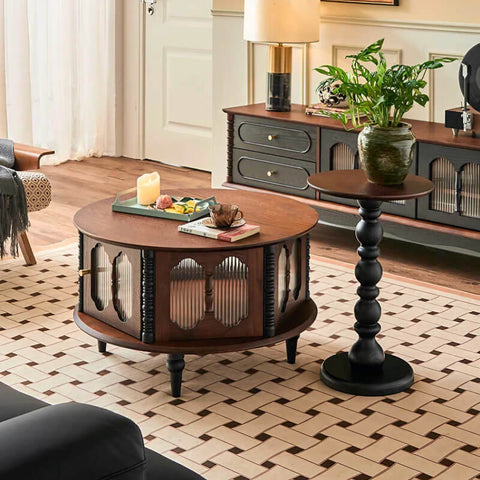 24″ AshWood Round Coffee Table - 4 Legs, Storage, Walnut Color