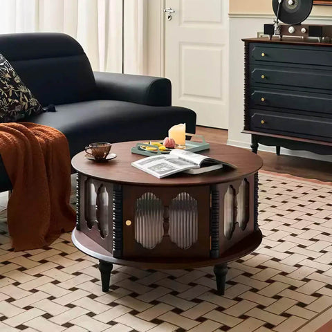 24″ AshWood Round Coffee Table - 4 Legs, Storage, Walnut Color