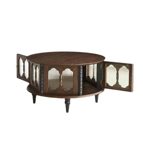 24″ AshWood Round Coffee Table - 4 Legs, Storage, Walnut Color