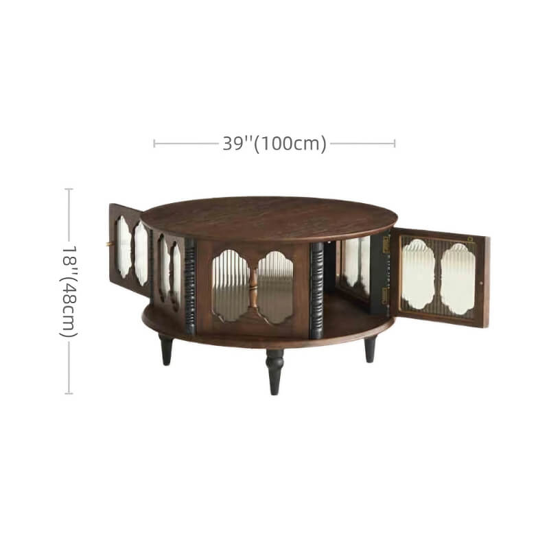 24″ AshWood Round Coffee Table - 4 Legs, Storage, Walnut Color