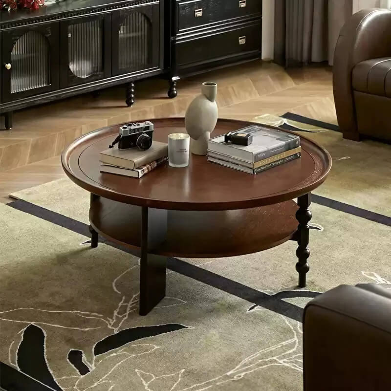 24″ Walnut Solid Wood Rustic Coffee Table - 4 Legs Round Shape with Open Storage