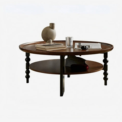 24″ Walnut Solid Wood Rustic Coffee Table - 4 Legs Round Shape with Open Storage