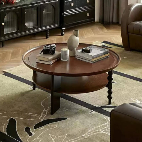 24″ Walnut Solid Wood Rustic Coffee Table - 4 Legs Round Shape with Open Storage