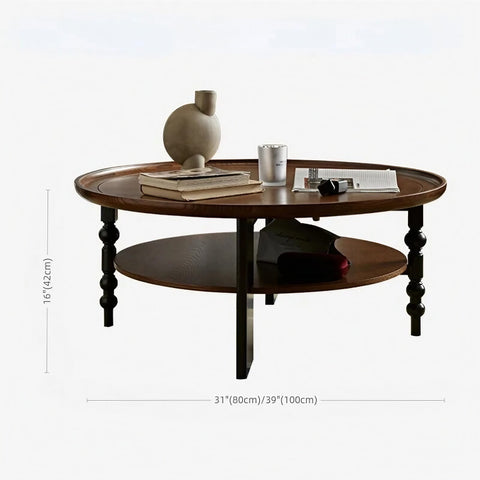 24″ Walnut Solid Wood Rustic Coffee Table - 4 Legs Round Shape with Open Storage