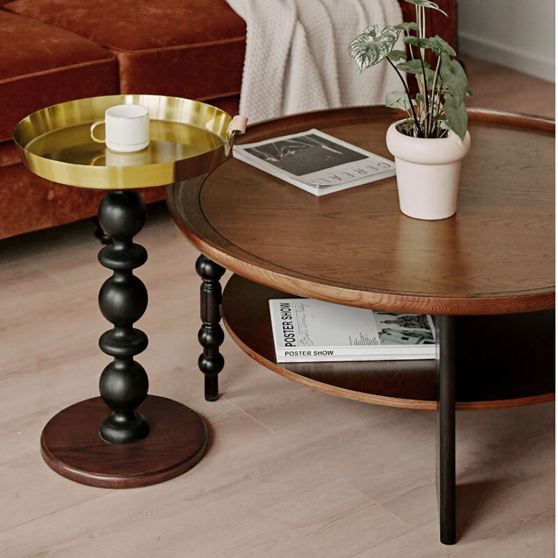 24″ Walnut Solid Wood Rustic Coffee Table - 4 Legs Round Shape with Open Storage