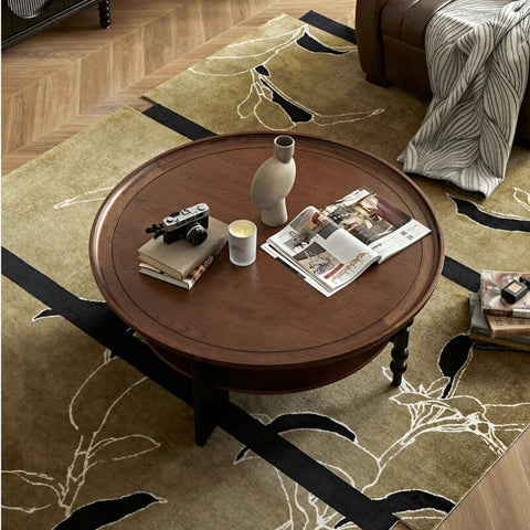 24″ Walnut Solid Wood Rustic Coffee Table - 4 Legs Round Shape with Open Storage