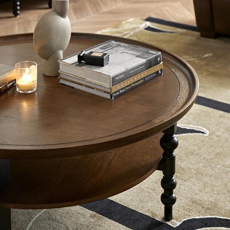 24″ Walnut Solid Wood Rustic Coffee Table - 4 Legs Round Shape with Open Storage
