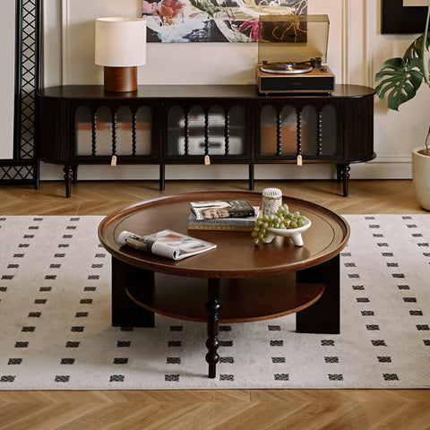 24″ Walnut Solid Wood Rustic Coffee Table - 4 Legs Round Shape with Open Storage