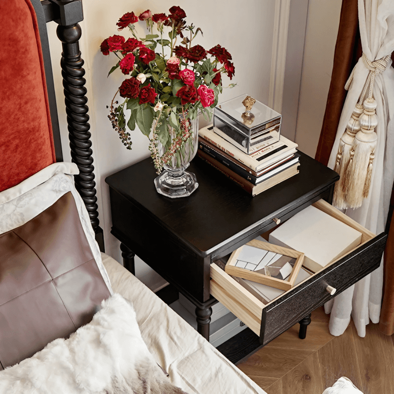 27″ Solid Wood Top Black Nightstand - Rustic Style with Storage, Drawers, Shelves