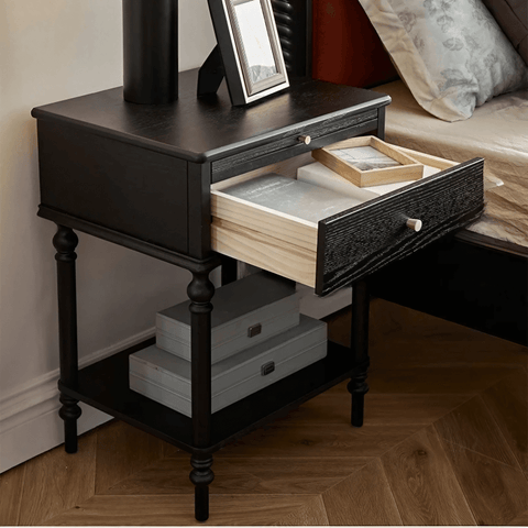 27″ Solid Wood Top Black Nightstand - Rustic Style with Storage, Drawers, Shelves