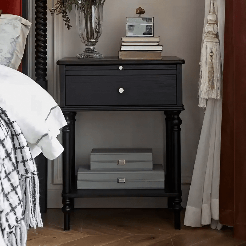 27″ Solid Wood Top Black Nightstand - Rustic Style with Storage, Drawers, Shelves