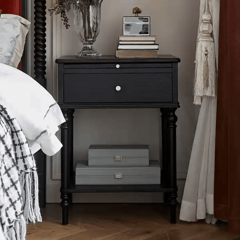 27″ Solid Wood Top Black Nightstand - Rustic Style with Storage, Drawers, Shelves