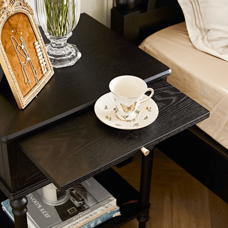 27″ Solid Wood Top Black Nightstand - Rustic Style with Storage, Drawers, Shelves