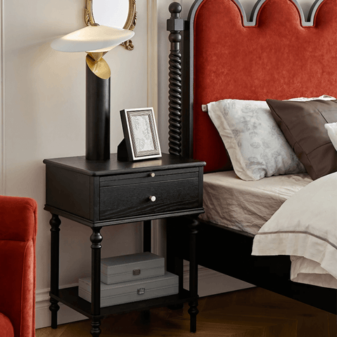 27″ Solid Wood Top Black Nightstand - Rustic Style with Storage, Drawers, Shelves