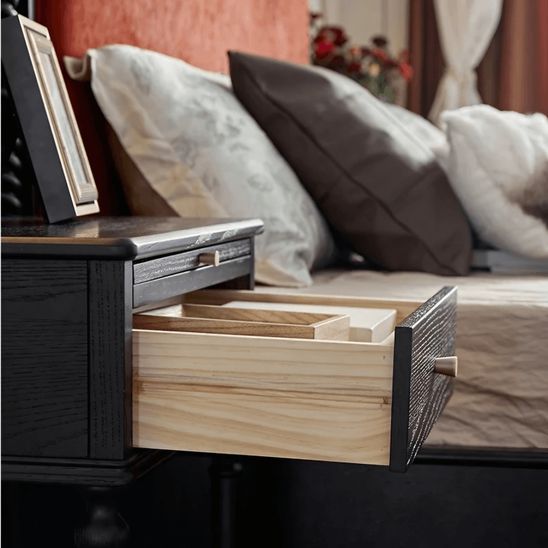 27″ Solid Wood Top Black Nightstand - Rustic Style with Storage, Drawers, Shelves