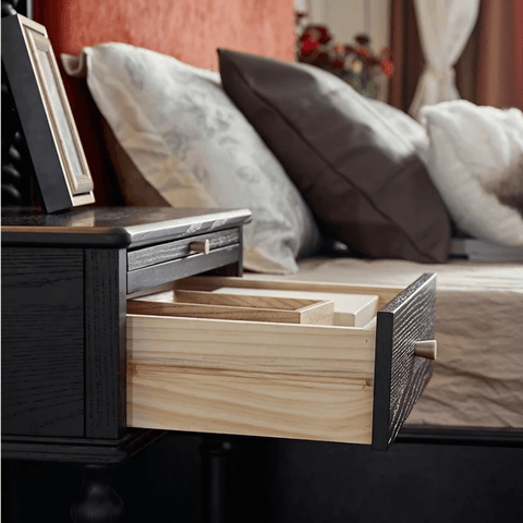 27″ Solid Wood Top Black Nightstand - Rustic Style with Storage, Drawers, Shelves