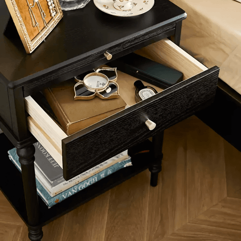 27″ Solid Wood Top Black Nightstand - Rustic Style with Storage, Drawers, Shelves