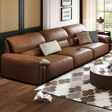 3-Seat Upholstered Sofa in Brown Leather - Modern Style with Arms