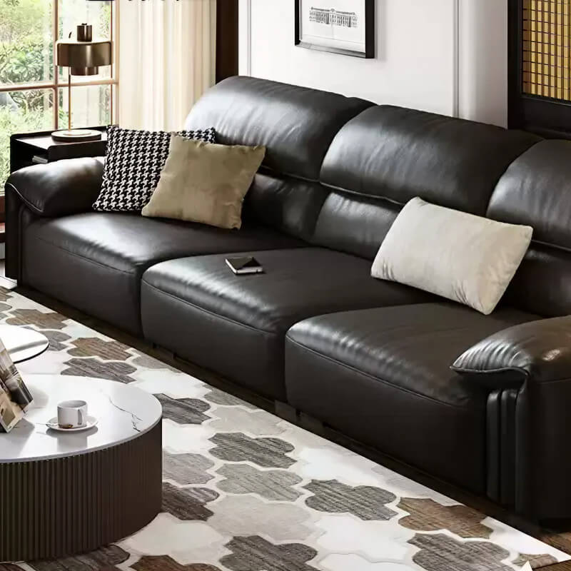 3-Seat Upholstered Sofa in Brown Leather - Modern Style with Arms