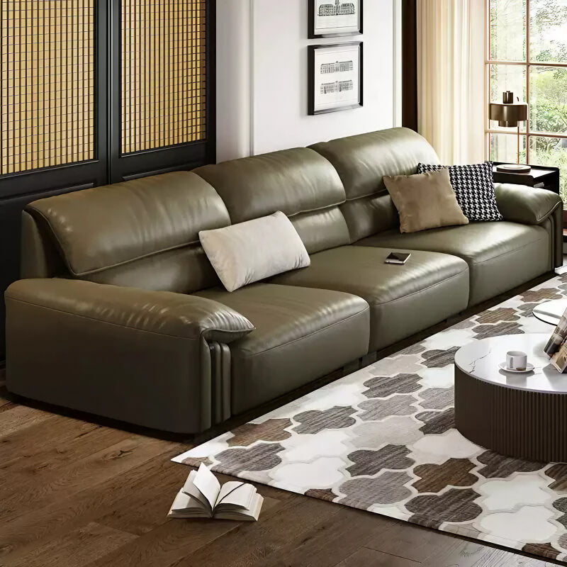 3-Seat Upholstered Sofa in Brown Leather - Modern Style with Arms