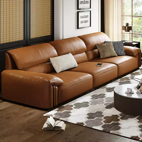 3-Seat Upholstered Sofa in Brown Leather - Modern Style with Arms