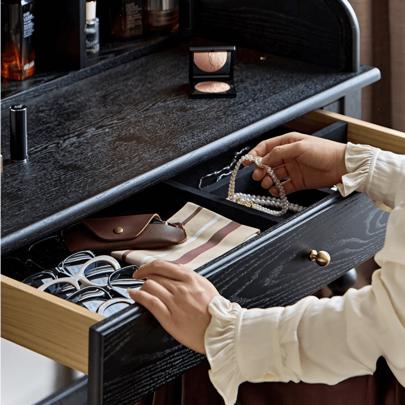 44″ Wood Top Black Vanity - Mid-Century with Storage, Drawers, and Shelves