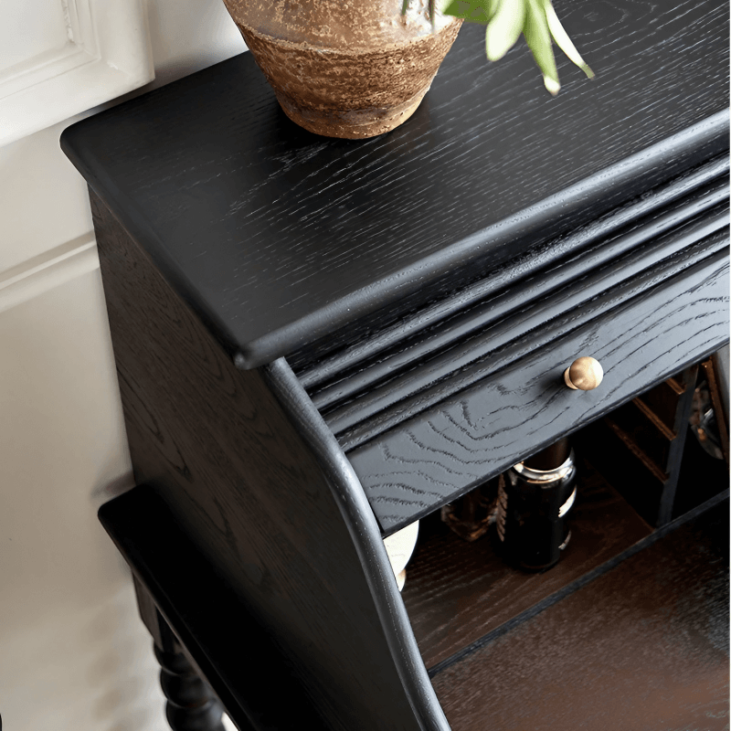 44″ Wood Top Black Vanity - Mid-Century with Storage, Drawers, and Shelves