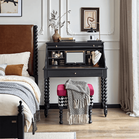 44″ Wood Top Black Vanity - Mid-Century with Storage, Drawers, and Shelves