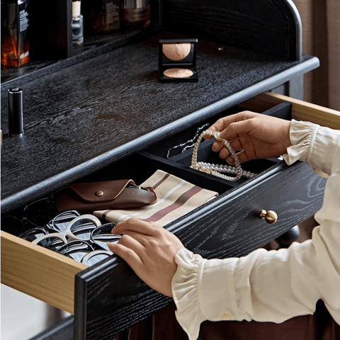 44″ Wood Top Black Vanity - Mid-Century with Storage, Drawers, and Shelves