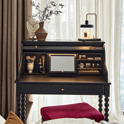 44″ Wood Top Black Vanity - Mid-Century with Storage, Drawers, and Shelves
