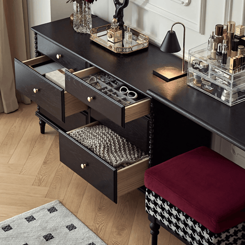 47″ Solid Wood Black Vanity - Mid-Century Style with Storage and Drawers