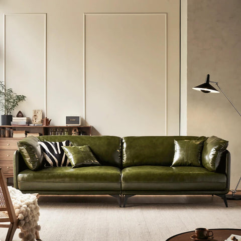58″ Upholstered Leather 2-Seater Sofa with Arms and Pillows - Modern Green
