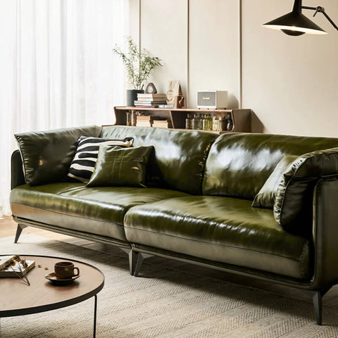 58″ Upholstered Leather 2-Seater Sofa with Arms and Pillows - Modern Green