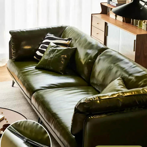 58″ Upholstered Leather 2-Seater Sofa with Arms and Pillows - Modern Green