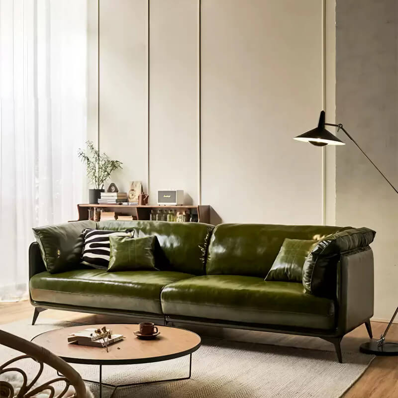 58″ Upholstered Leather 2-Seater Sofa with Arms and Pillows - Modern Green