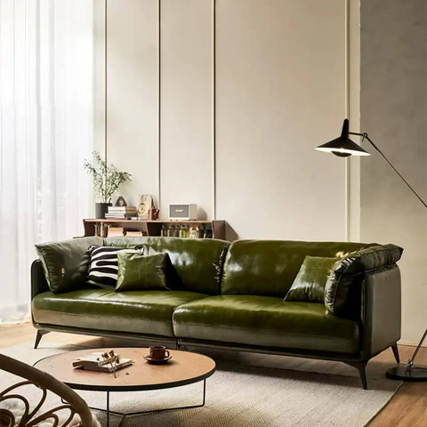 58″ Upholstered Leather 2-Seater Sofa with Arms and Pillows - Modern Green