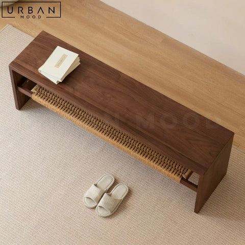 ANDREA Modern Solid Wood Bench with Rattan Accents - URBANMOOD