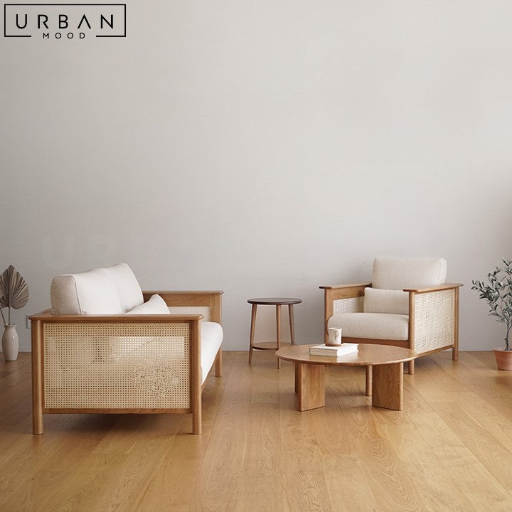 CAIS Japandi Rattan Fabric Sofa with Cherry Wood Frame - URBANMOOD