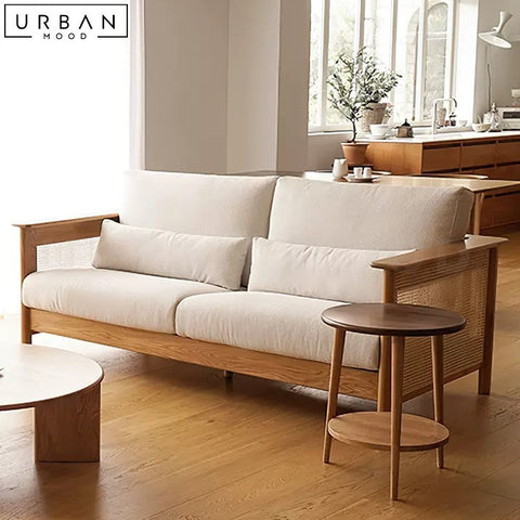 CAIS Japandi Rattan Fabric Sofa with Cherry Wood Frame - URBANMOOD