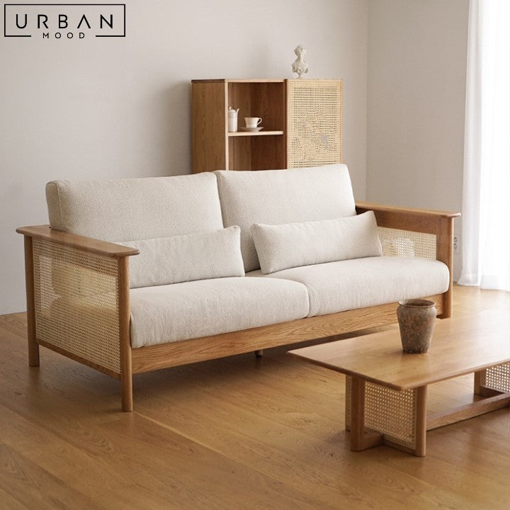 CAIS Japandi Rattan Fabric Sofa with Cherry Wood Frame - URBANMOOD
