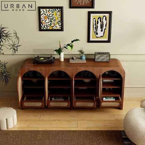 CAROLINA Mid-Century Oak Wood Sideboard with Rattan Doors - URBANMOOD