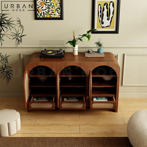 CAROLINA Mid-Century Oak Wood Sideboard with Rattan Doors - URBANMOOD