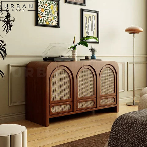 CAROLINA Mid-Century Oak Wood Sideboard with Rattan Doors - URBANMOOD