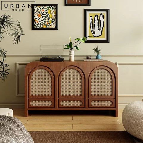 CAROLINA Mid-Century Oak Wood Sideboard with Rattan Doors - URBANMOOD