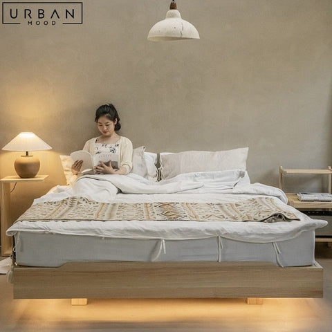ESTEVES Japandi Solid Wood Platform Bed with Backlight - URBANMOOD